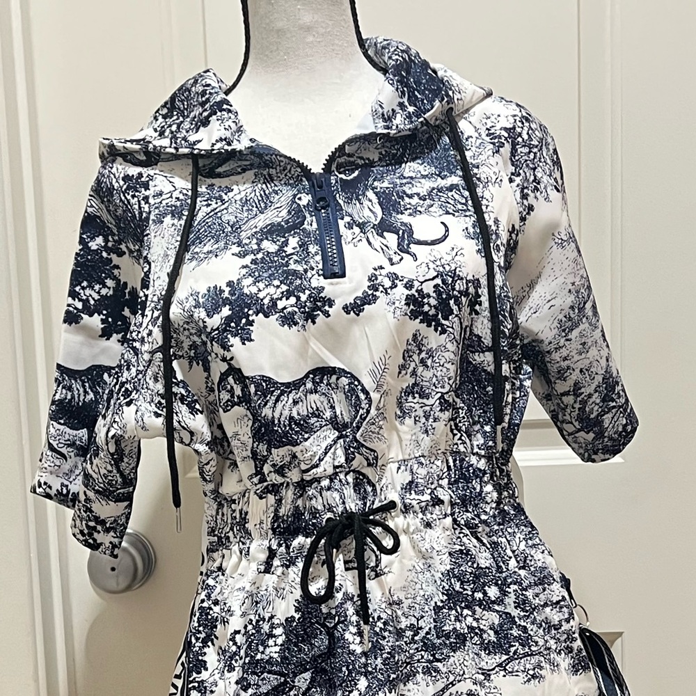 Printed Drawstring Waist Hooded Dress - White/Blue